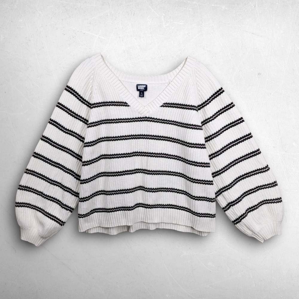 Lands' End Drifter Striped V-Neck Sweater Women L White Coastal Grandma Preppy